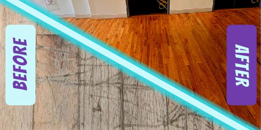 Revitalized a 10-Year-Old Wood Floor, Floor Restoration, CBM Transforms, Before And After, Commercial Maintenance, Revitalized Wood Floor