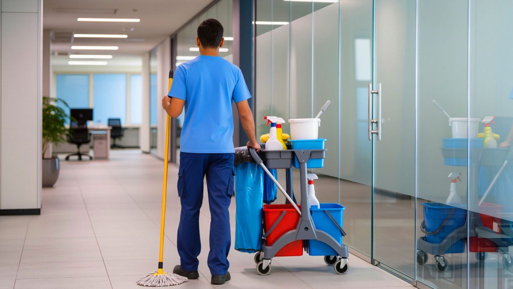 Janitorial staff pushing cleaning cart through modern office hallway